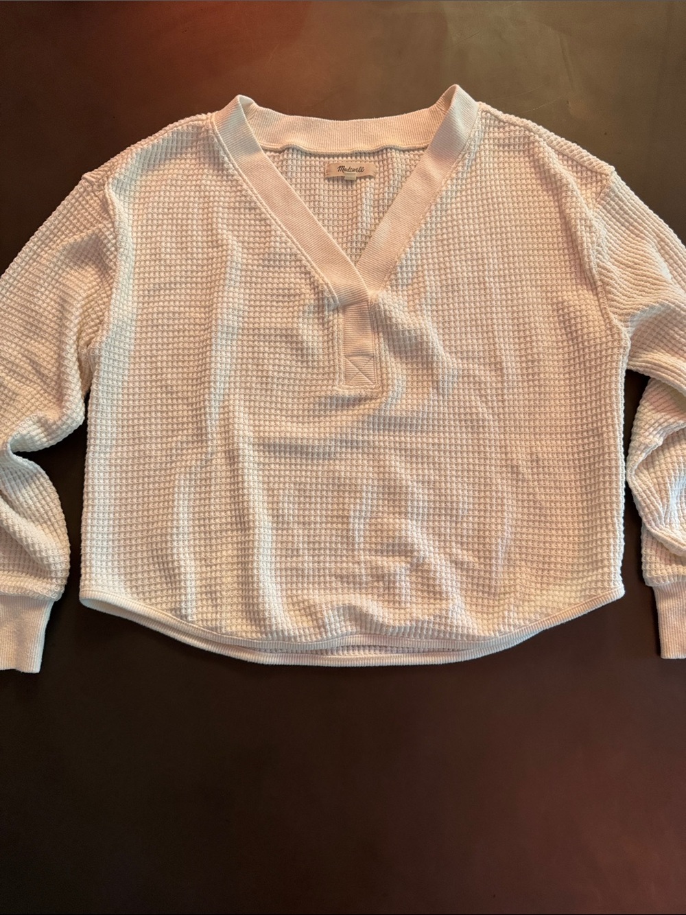 Madewell White Waffle Knit Long Sleeve V-Neck Top